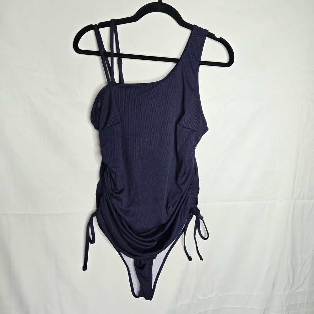 2xl Women's One Piece Swimsuit Ribbed Navy Blue Side Ties Adjustable Straps